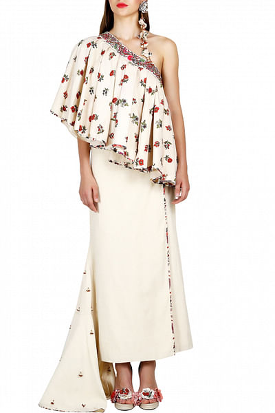 Ivory printed one-shoulder top with embellished khaadi skirt