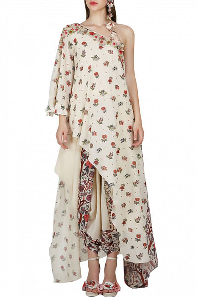Ivory crepe asymmetrical tunic with cowl dhoti