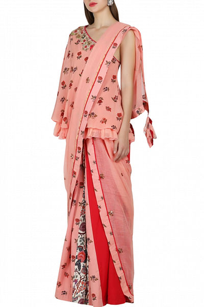 Salmon one shoulder top with pleated skirt and dupatta