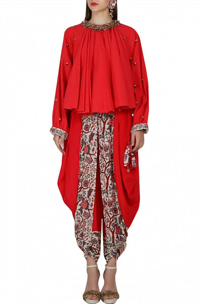 Red embellished peasant top with printed dhoti