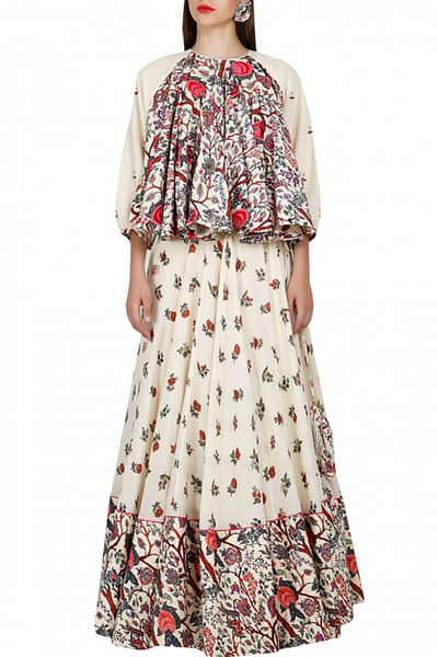 Ivory peasant top with printed flared skirt