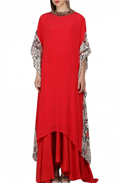 Llly coral embellished asymmetrical kaftan dress and skirt set