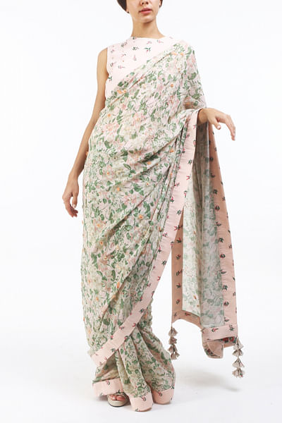 Printed, embroidered sari with blouse