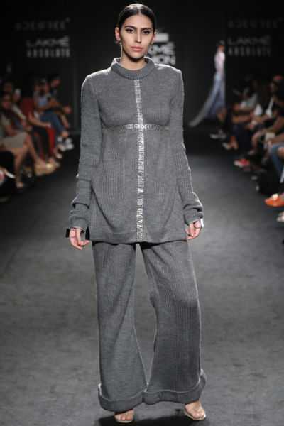 Knit tunic and bootleg knit trousers 