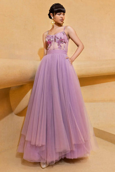 Nikita Mhaisalkar Lilac tulle skirt and corset NIMCATRS2213