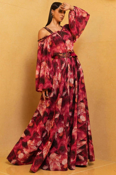 Nikita Mhaisalkar Magenta printed top set NIMCATRS2226