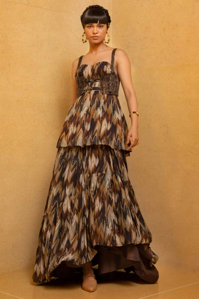 Brown printed skirt set