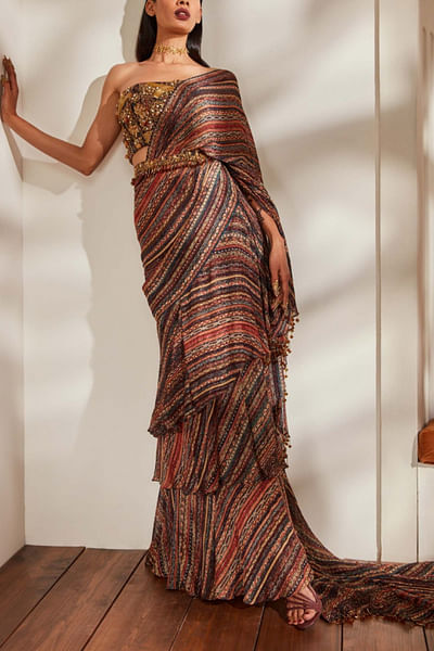 Stripe printed ruffle sari set