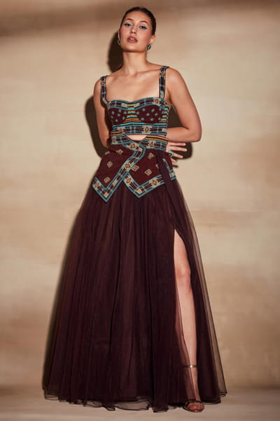 Brown embroidered skirt and top set