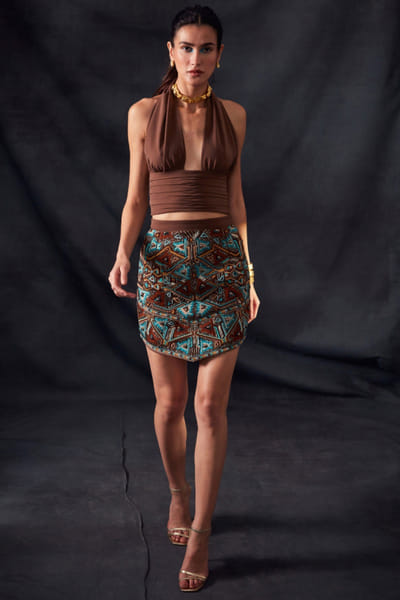 Dark tan embellished skirt and top