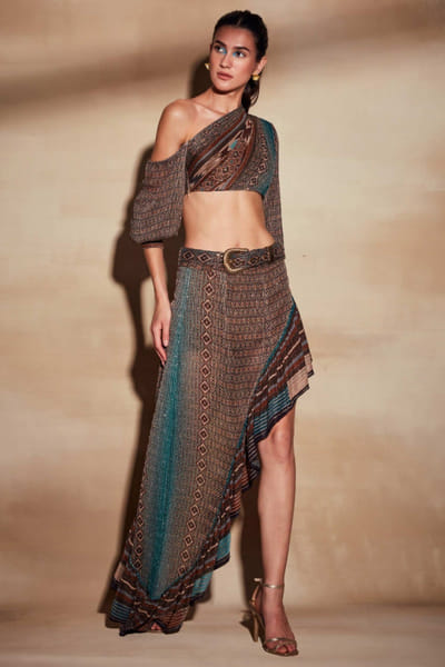 Tan printed top and skirt