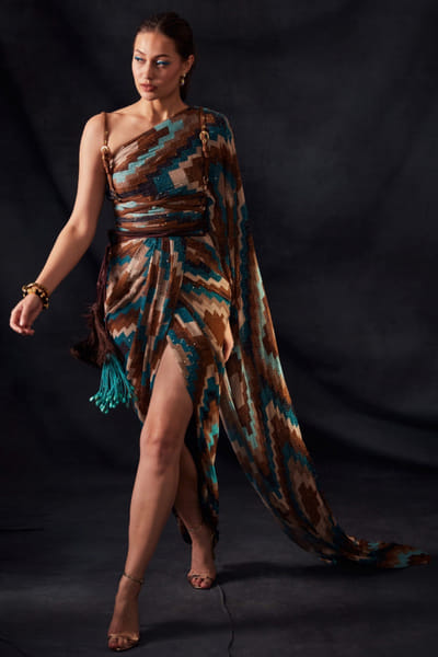 Nikita Mhaisalkar Turquoise printed draped sari NIMMARLFW9