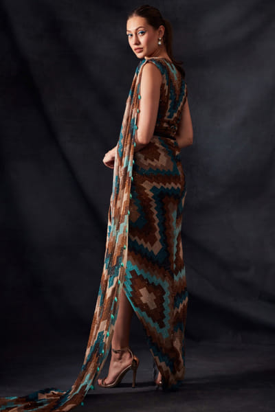 Nikita Mhaisalkar Turquoise printed draped sari NIMMARLFW9