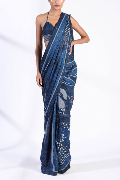 Indigo blue floral sari set