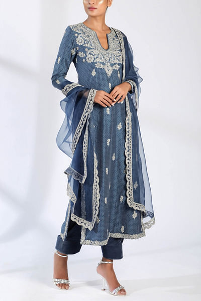 Indigo blue printed kurta set