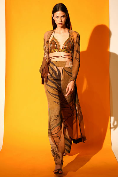 Brown embroidered bralette and pants set