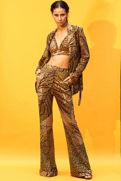 Brown tropical printed pantsuit
