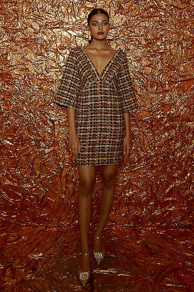 Caramel brown and black tweed dress