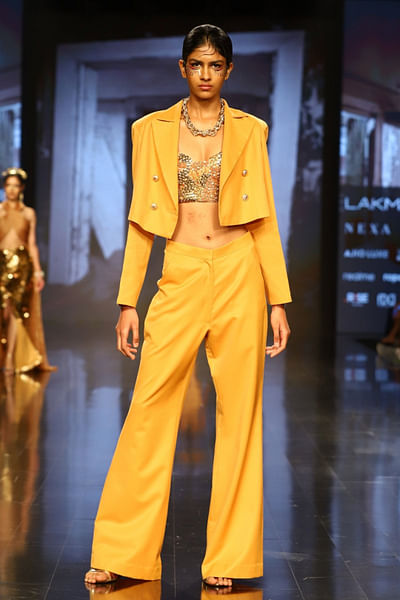 Canary yellow embroidered bustier and pant