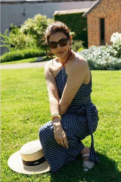 Blue stripe printed denim jumpsuit