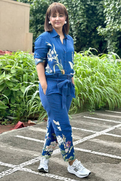 Blue floral printed denim co-ords