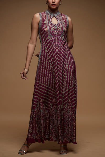 Nirraamyaa Wine rhinestone embroidered dress NIRJAN25D315325