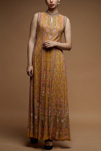 Nirraamyaa Mustard rhinestone embroidered dress NIRJAN25D315334