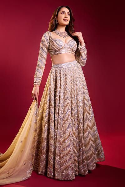 Nidhika Shekhar Golden geometric embroidered lehenga set NISOCT2425