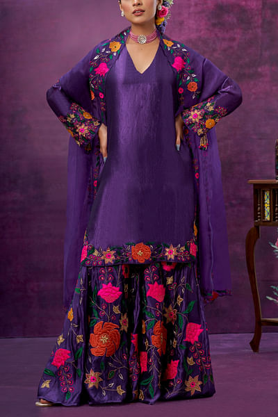 Purple floral applique sharara set