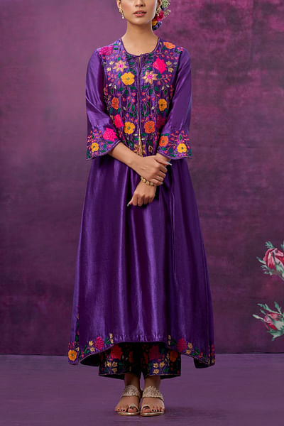 Purple floral applique kurta set