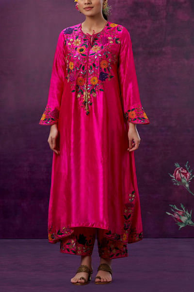 Pink floral applique kurta set