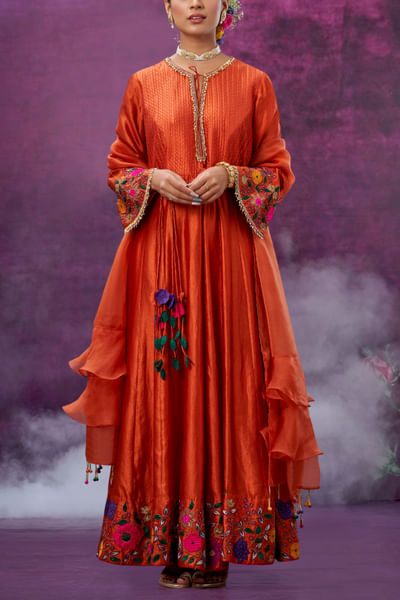 Orange floral applique anarkali set