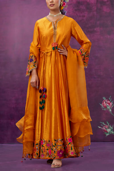 Niti Bothra Mustard silk applique anarkali set NITDEC2220
