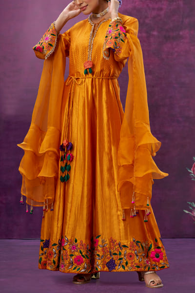 Niti Bothra Mustard silk applique anarkali set NITDEC2220