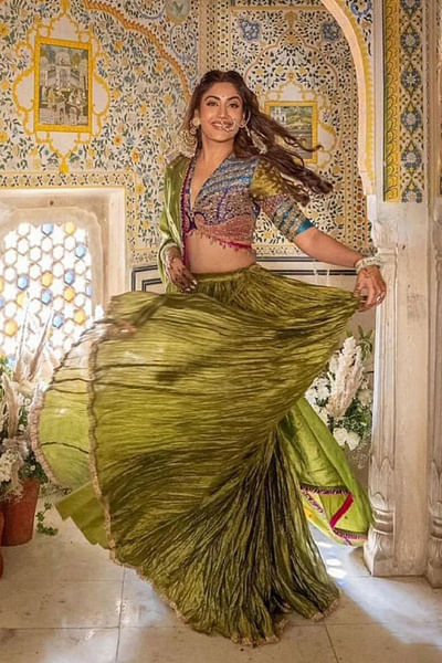 Green crushed lehenga set