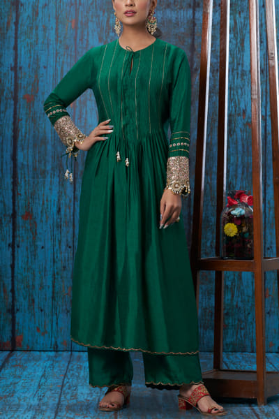 Green embroidered kurta set