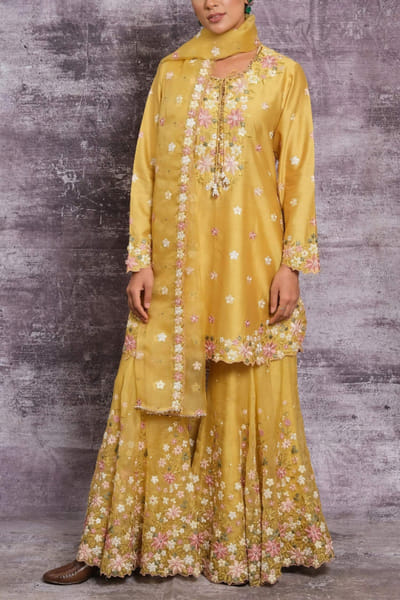 Yellow embroidered sharara set