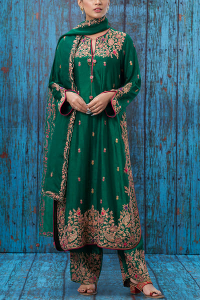 Green embroidered kurta set