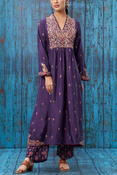 Purple embroidered kurta set