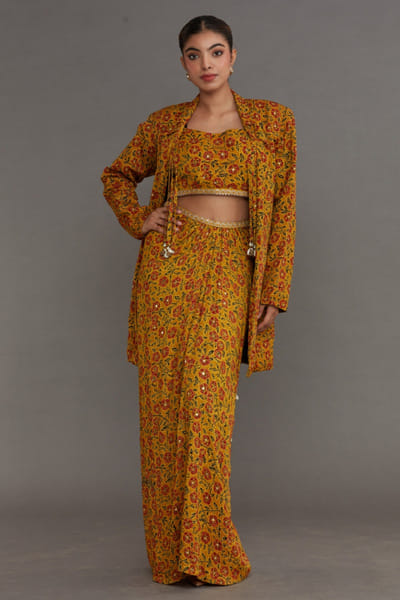 Nitya Bajaj Yellow ajrakh printed jacket skirt set NITYMAY26D145013
