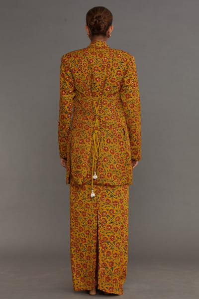Nitya Bajaj Yellow ajrakh printed jacket skirt set NITYMAY26D145013