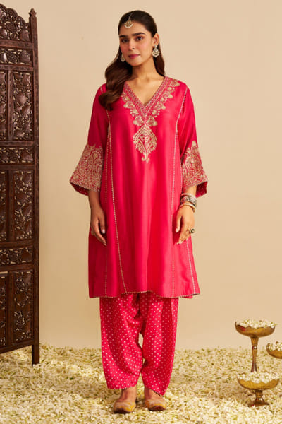 Hot pink aari embroidered choga salwar set