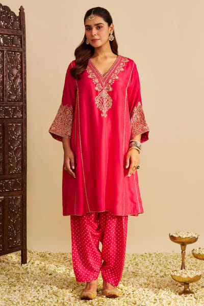 Hot pink aari embroidered choga set