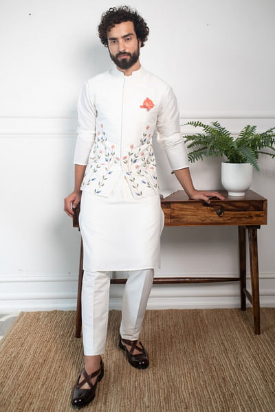 White bead embroidered nehru jacket kurta set