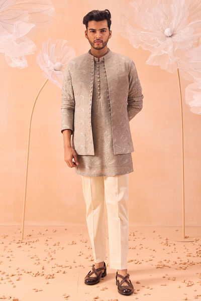 Misty olive hand embroidered Nehru jacket set