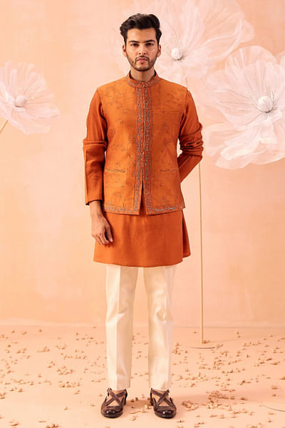 Burnt orange hand embroidered Nehru jacket set