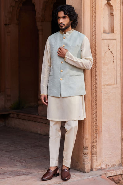Aqua Blue embroidered Nehru jacket set