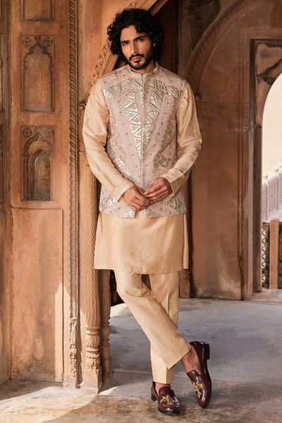 Rose brown hand embroidered Nehru jacket set