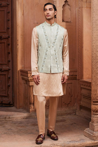 Sage green hand embroidered Nehru jacket set