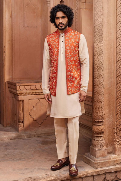 Rust orange floral embroidery Nehru jacket set